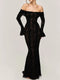 Women Elegant Off Shoulder Lace Up Ruffle Edge Dress Chic Hollow Out Puff Long Sleeves Maxi Slim Dresses Spring Lady Street Robe