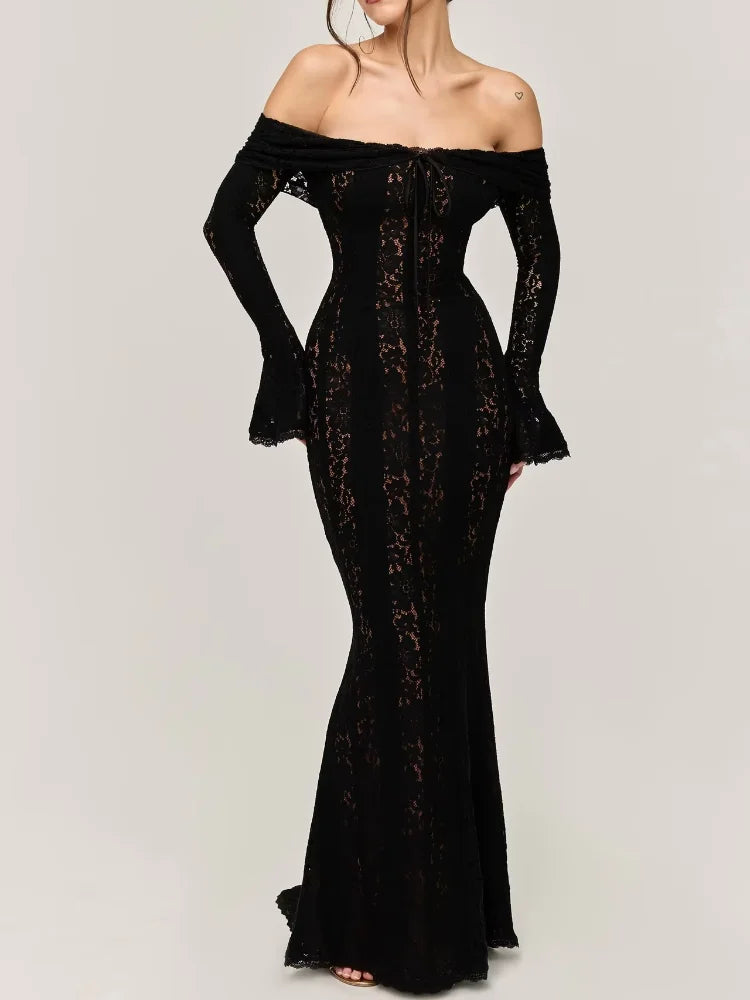 Women Elegant Off Shoulder Lace Up Ruffle Edge Dress Chic Hollow Out Puff Long Sleeves Maxi Slim Dresses Spring Lady Street Robe