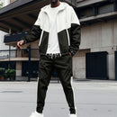 2025 Men's new fashion trend hooded zipper double pocket patchwork color jacket Business casual sports suit