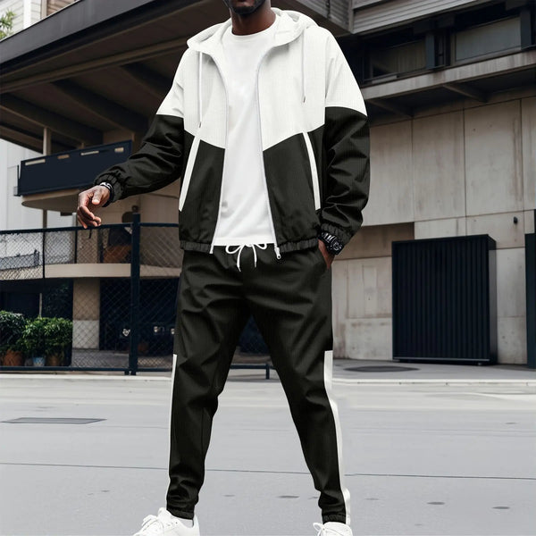 2025 Men's new fashion trend hooded zipper double pocket patchwork color jacket Business casual sports suit