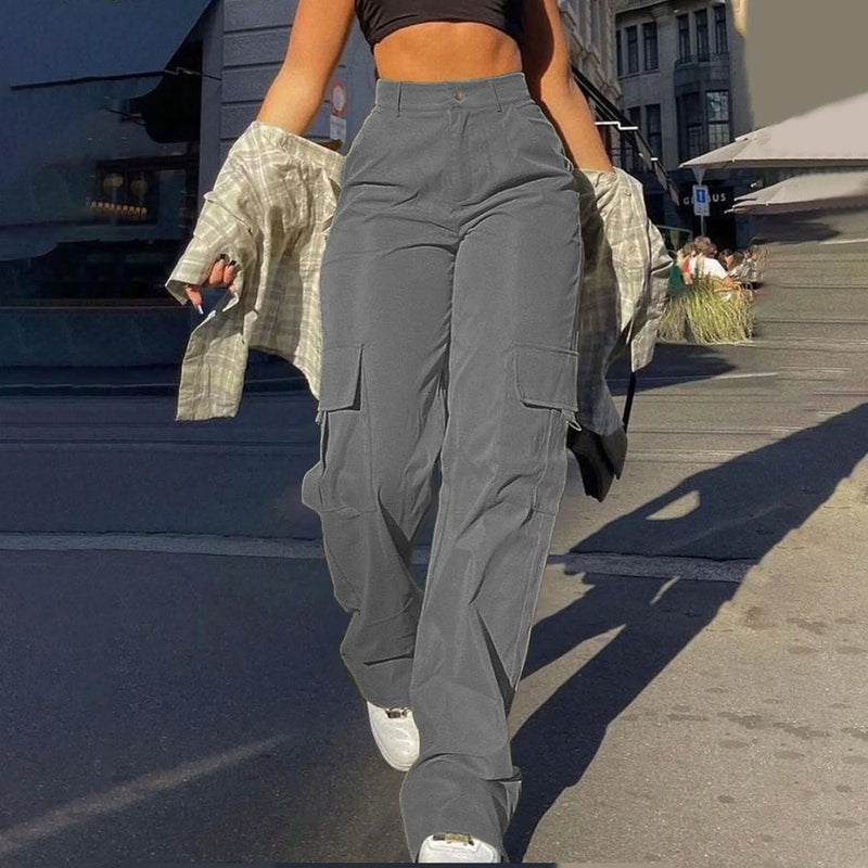 Women's Loose Cargo Pants High Waist Wide Leg Solid Color Full Length Trousers with Pockets Casual All Seasons Long Pants