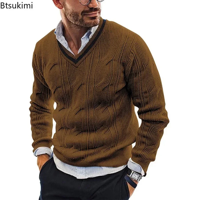 New2025 Men's Winter Knitted Sweater V-Neck Knitted Pullovers Club Party Solid Slim Warm Knitwear Sweaters  Male Streetwear Tops