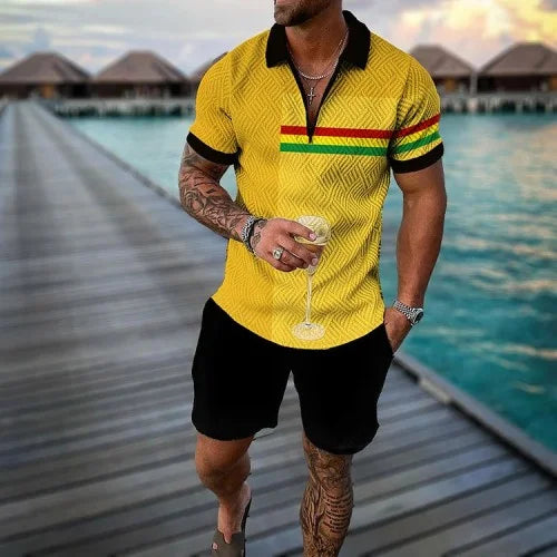Fashion Summer Men's Tracksuit Short Sleeve Polo Shirt Set Coconut Tree 3D Print Clothing 2 Pieces Casual Suit Streetwear Outfit