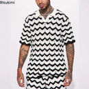 2025 Men's Summer Casual Suit Trend Streetwear Contrast Color Design Knitted Polo Shirt Sport Shorts Men Holiday Two-piece Sets