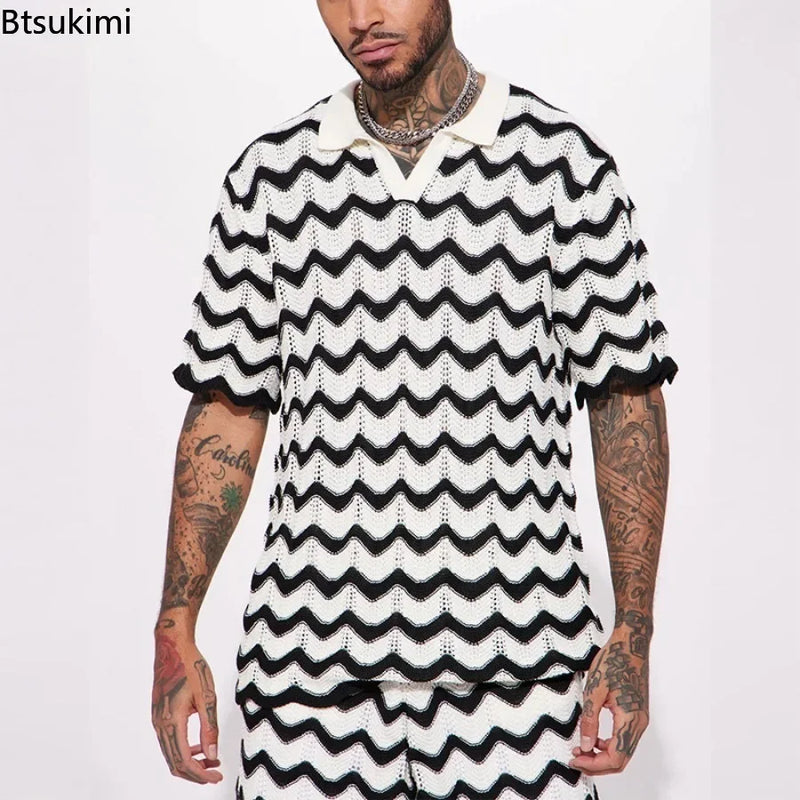 2025 Men's Summer Casual Suit Trend Streetwear Contrast Color Design Knitted Polo Shirt Sport Shorts Men Holiday Two-piece Sets