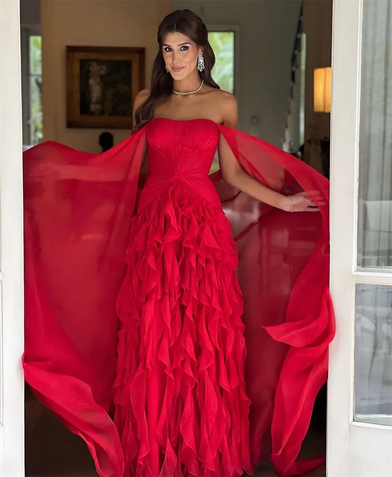 Sansa Strapless A-Line Lace Prom Dress Detachable Shawl  Customized Party Dress Floor-Length Zip Evening Dresses