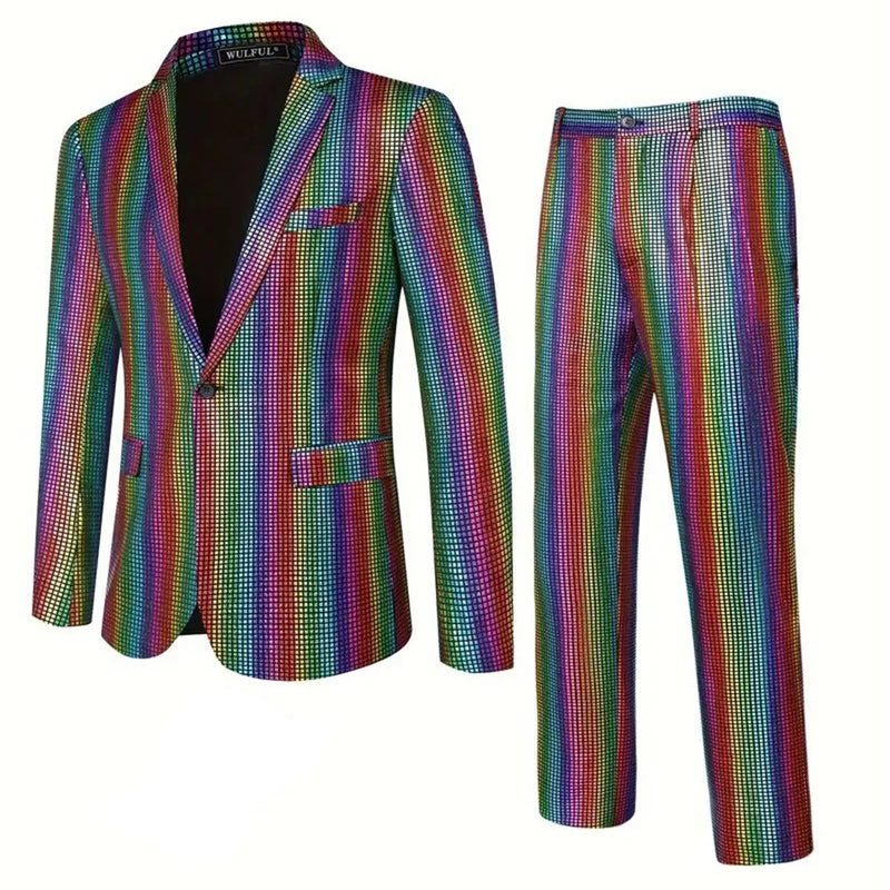 Men's Plaid Sequins Suit Wedding Ceremony Party Performance Dress Two-piece Suit