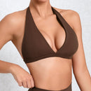 Sexy V-neck Sport Bra Women Underwear Sportswear Halter Backless Top for Fitness Yoga Wear Female Gym Active Bra with Cups White