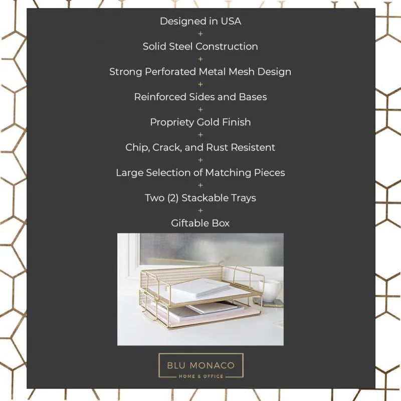 Gold File Desk Organizer - 2-Tier Paper Tray - Document and Letter - Elegant Inbox Office Acce