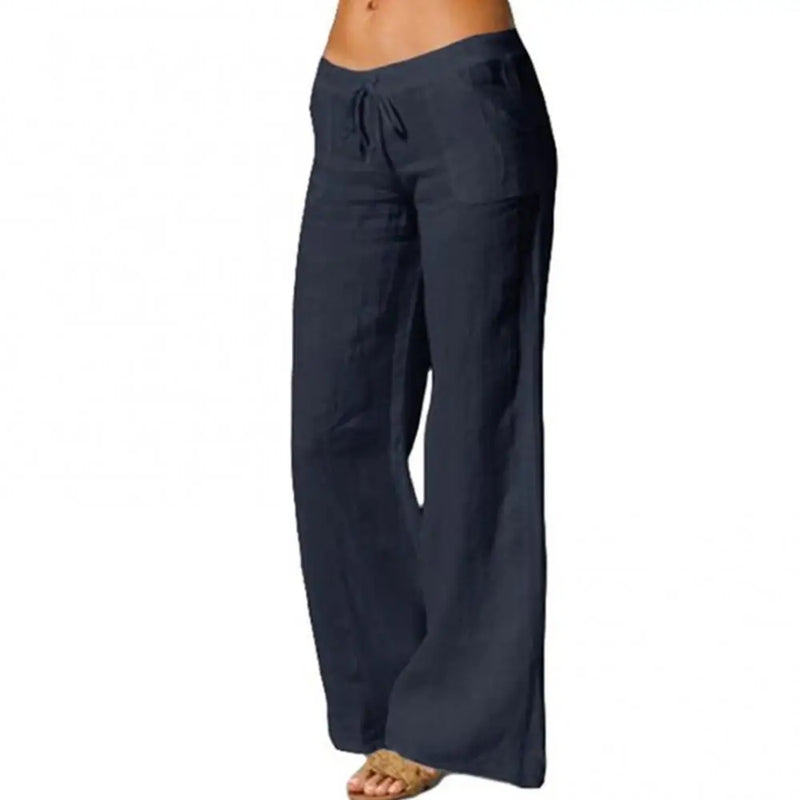 Women Pants Solid Color Pockets Drawstring Elastic Wide Leg Pants Long Yoga Trousers