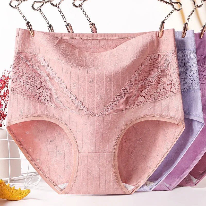 3pcs Cotton Women Panties Lady Plus Size Underwear Lace High Waist Briefs Breathable Solid Color Female Lingerie
