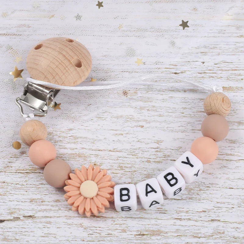Baby Personalized Name Pacifier Chain Silicone Daisy Dummy Holder Chain For Handmade Wooden Baby Nipple Clips Nursing Chew Toys