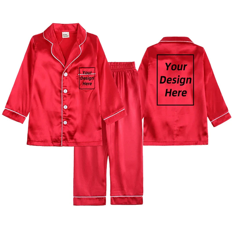 2Pcs Red Satin Pyjamas Kids Sets Boys Girls Solid Silk Children's Pajamas Clothes Toddler Lounge Pjs 2-12T Baby Clothing