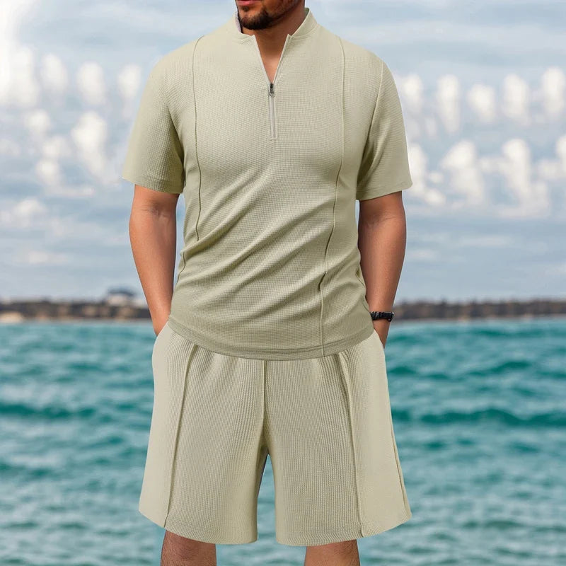 Men's New Waffle Summer Suit 2025 Casual T-shirt + Shorts Suit Men's Tracksuit Solid Color Tracksuit Loose Suit Clothes for Men