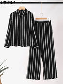 Plus Size 5XL VONDA Women Pants Sets 2024 Matching Sets Vintage Striped Shirt Trouser Casual Two-Piece Sets Office Lady Suits