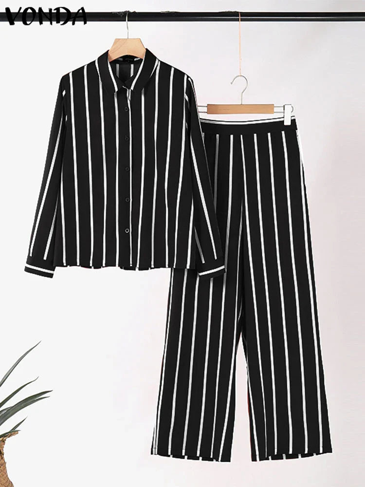 Plus Size 5XL VONDA Women Pants Sets 2024 Matching Sets Vintage Striped Shirt Trouser Casual Two-Piece Sets Office Lady Suits