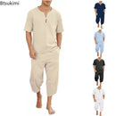 2025 Men's Hip Hop Cotton Linen Sets Comfort Breathable Men Casual Sport 2 PCS Sets Fashion V-neck Short Sleeve Tops+Pants Suit