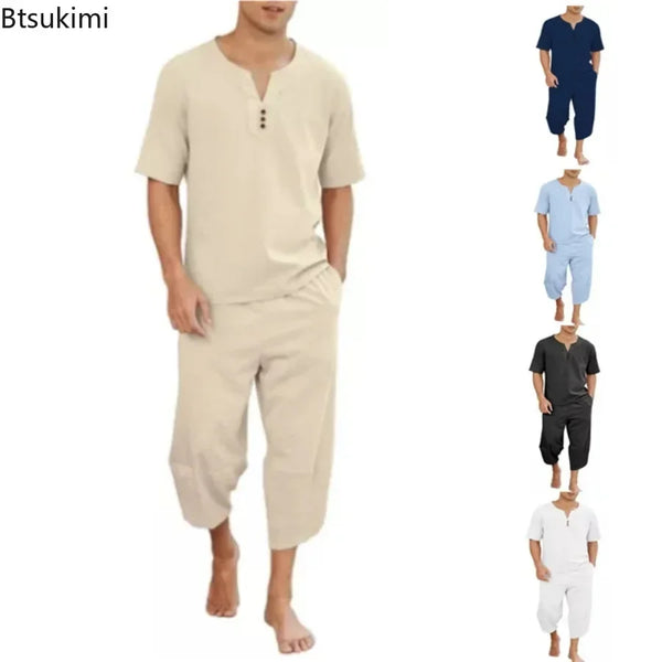 2025 Men's Hip Hop Cotton Linen Sets Comfort Breathable Men Casual Sport 2 PCS Sets Fashion V-neck Short Sleeve Tops+Pants Suit