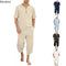 2025 Men's Hip Hop Cotton Linen Sets Comfort Breathable Men Casual Sport 2 PCS Sets Fashion V-neck Short Sleeve Tops+Pants Suit