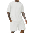 Men's crew neck T-shirt two-piece new style spring and summer striped yarn woven outdoor sports casual short-sleeved suit
