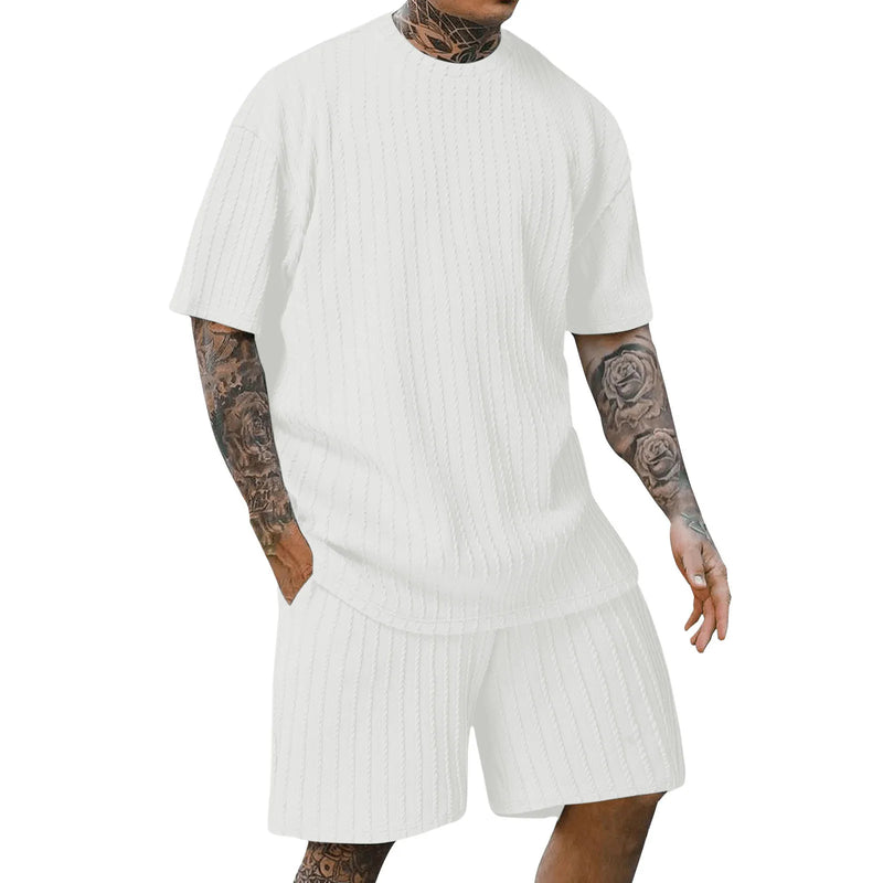 Men's crew neck T-shirt two-piece new style spring and summer striped yarn woven outdoor sports casual short-sleeved suit