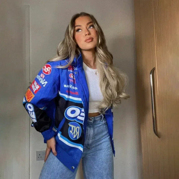 Zekye Spring Women Jacket Long Sleeve Racing Baseball Jacket Varsity Blue Printed Casual Loose Coat Motorcycle Jacket 2024