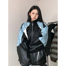 American Style Loose Women's Biker Jacket Color Block Windproof Spring Autumn Casual Top Trendy Outerwear Motorcycle Coat