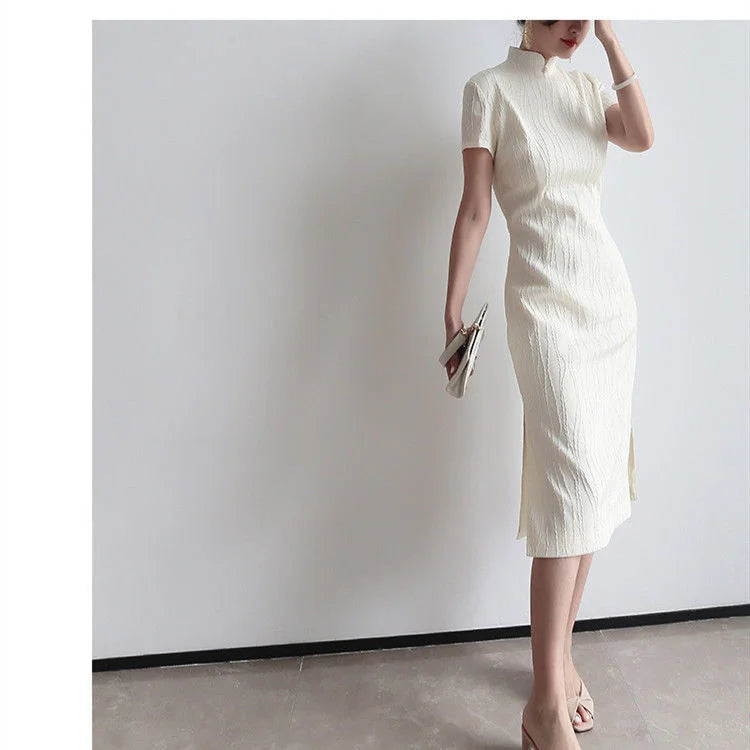 High-end Short Sleeved Cheongsam Dress Elegant Fashion Summer New Exquisite Jacquard White Temperament Celebrity Stand Collar