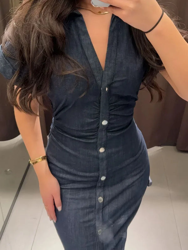 Retro Deep Blue Fold Women Denim Maxi Dress Fashion Short Sleeve V Neck Button Slim Fit Long Dresses Lady New Commute Chic Robes