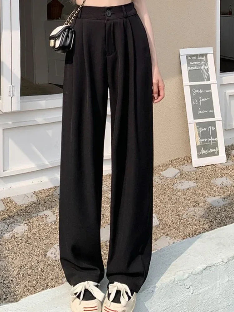Women Suit Pant Korean Elastic High Waist Straight Pants Casual Loose Solid Simple Wide Leg Trousers Commuting Autumn Winter