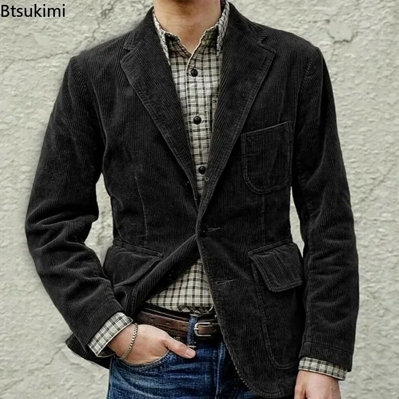 2025 Autumn Winter Men's Coat Jackets Corduroy Casual Suits With Shoulder Pads Fashion Lapel Long-Sleeved Solid Jacket Models