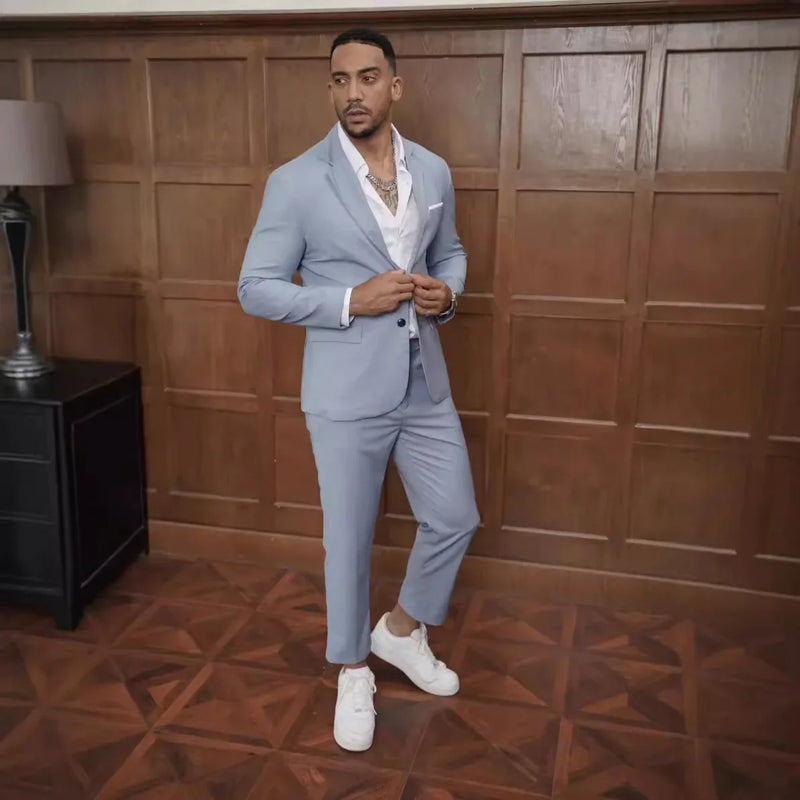 Light Gray Men's Suit Two Piece, Double Button V-Neck Jacket and Trousers, Fashionable Men's Sets, S, M, L, XL, XXL
