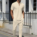 2024 Cross-border AliExpress men's Waffle Men casual fashion stand collar short sleeve pants suit