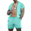 Men's Fashion Set Summer Little Hole Fabric Turn-down Neck Casual Solid Color Suit Male High-Quality Two-Piece Set US Size