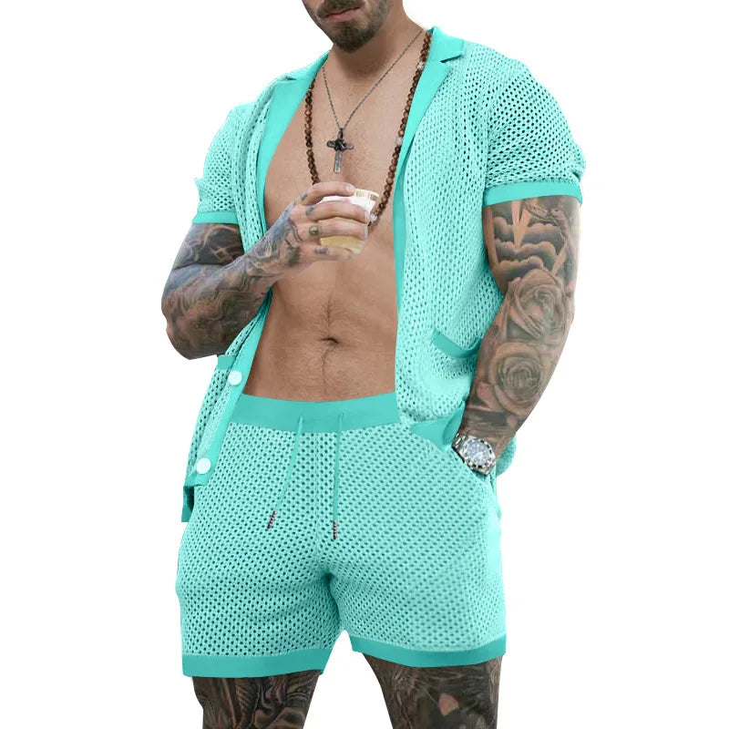 Men's Fashion Set Summer Little Hole Fabric Turn-down Neck Casual Solid Color Suit Male High-Quality Two-Piece Set US Size