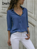 Casual Long Sleeve Solid Shirt Luxury Women's Blouses Elegant Korean Clothing Oversized Chiffon Tops Streetwear Loose Tunis