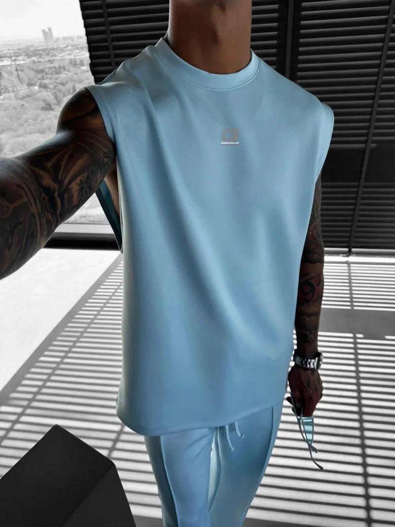 2025 Men's casual sleeveless crewneck suit, summer fashion all-match wide-leg pants trend sports street T-shirt two-piece set