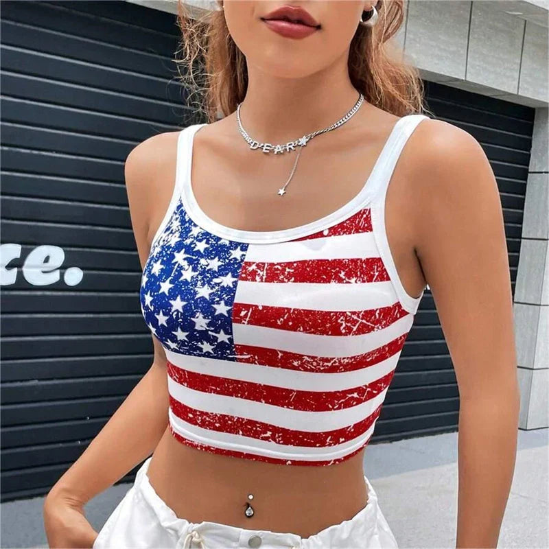 Gothic Punk New 2024 USA Flag Crop Top Sexy Backless Tank Slim Women's Mini Vest Summer Y2k Clothes Short White Camisole E-girls