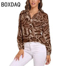 Blue Snakeskin Printed Vintage Blouse Oversize Women's Spring Summer Long Sleeve Lapel  Blouses Fashion OL Female Classic Shirt