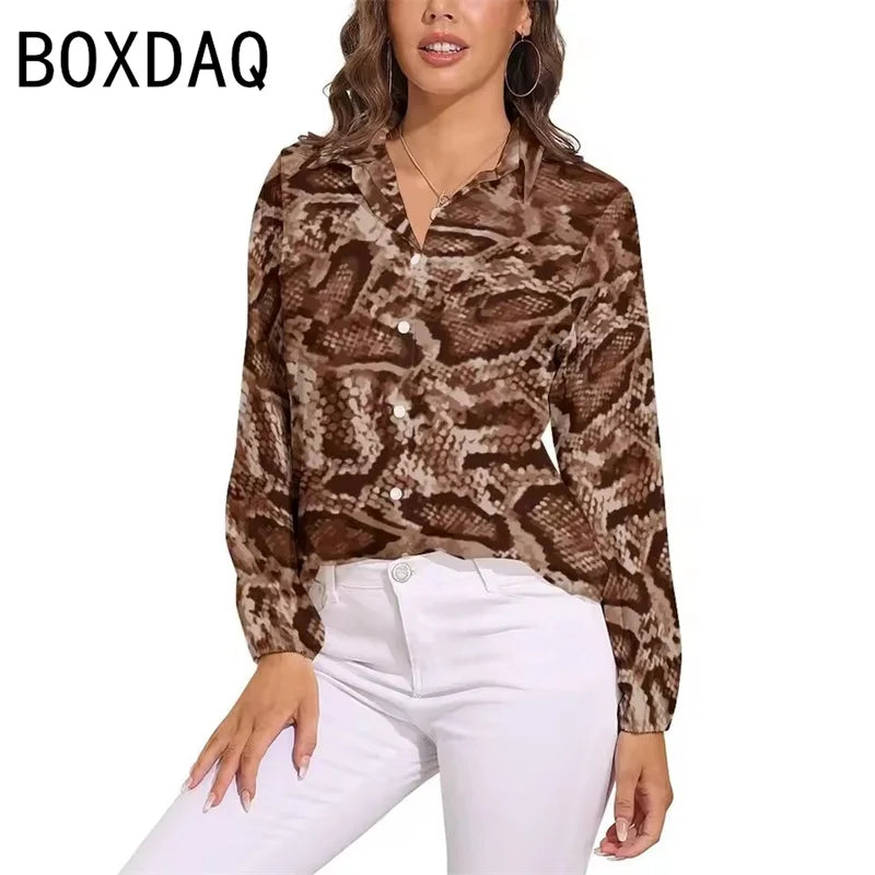 Blue Snakeskin Printed Vintage Blouse Oversize Women's Spring Summer Long Sleeve Lapel  Blouses Fashion OL Female Classic Shirt