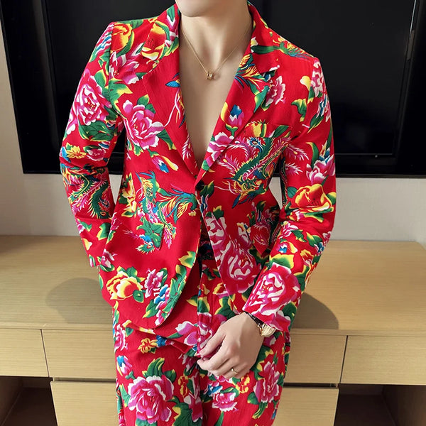 Nostalgia Style Suit 2-Piece, Men's Fashion Casual Suit Jacket & Trousers, Red & Black Available Blazer +Pants M-5XL