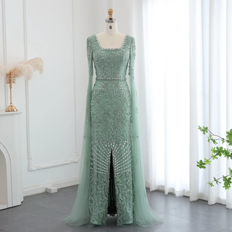 Sharon Said Luxury Arabic Turquoise Evening Dress with Cape Sleeves Sqaure Neck Dubai Women Wedding Party Gowns SS469 Customized