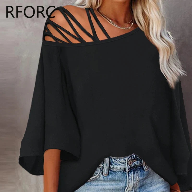 2024 Women Chic Solid Batwing Sleeves One Shoulder Off Criss Cross Loose Fit Blouse Tops