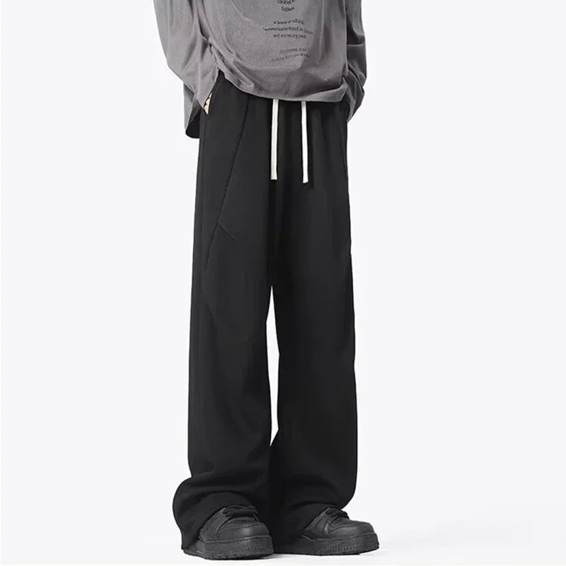 New Korean Fashion Pleated Wide-leg Sweatpants For Men Hip Hop Solid Color Baggy Pants Y2K Streetwear Gray Straight Trousers