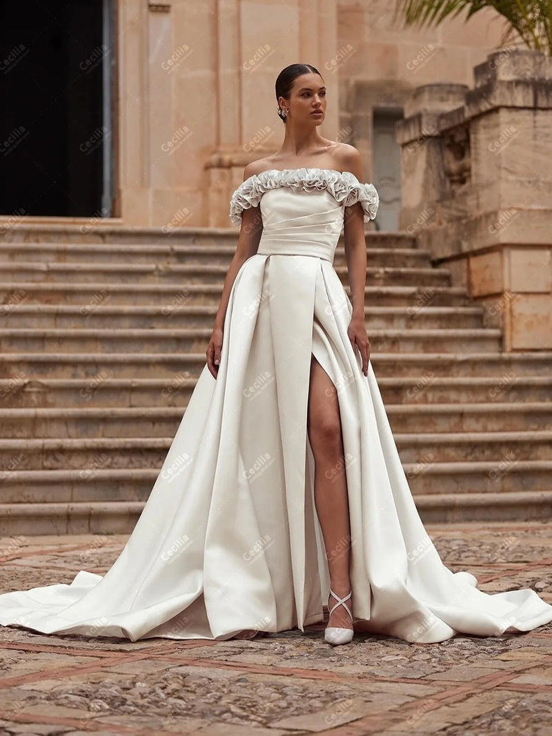 Glamorous Wedding Dresses A Line Satin Bridal Gowns Off The Shoulder Robes High Slit Floor Length Vestidos De Novia Customized