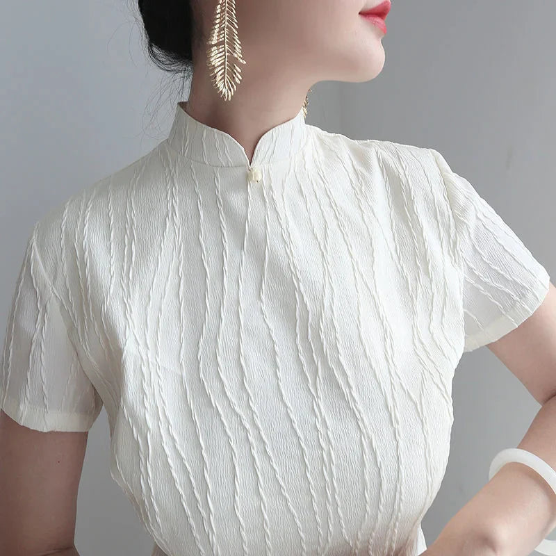 High-end Short Sleeved Cheongsam Dress Elegant Fashion Summer New Exquisite Jacquard White Temperament Celebrity Stand Collar