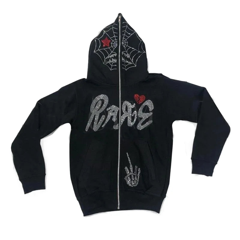 Fashion Mens Streetwear Hot Drilling Cross Hoodies Vintage Oodie Black Skeleton Hoodie Oversized Full Zip Hooded Sweatshirt