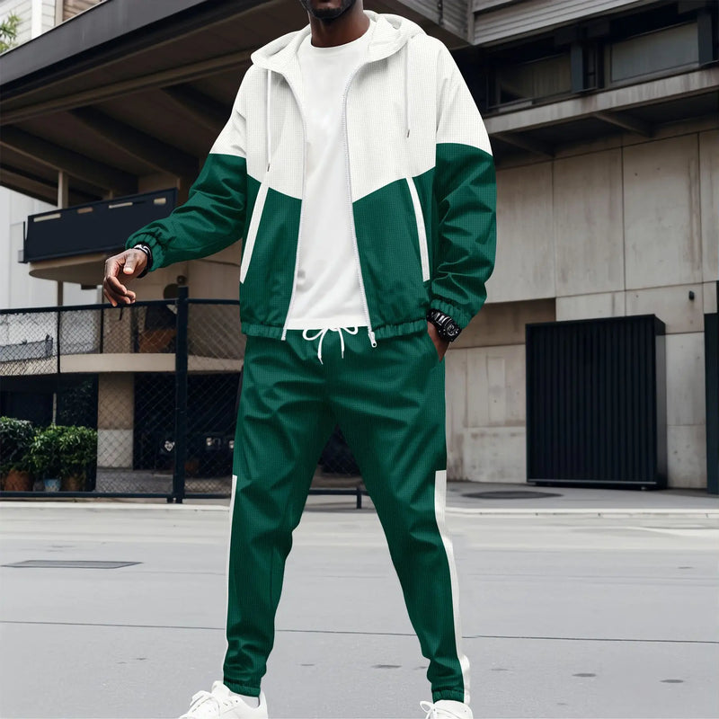 2025 Men's new fashion trend hooded zipper double pocket patchwork color jacket Business casual sports suit