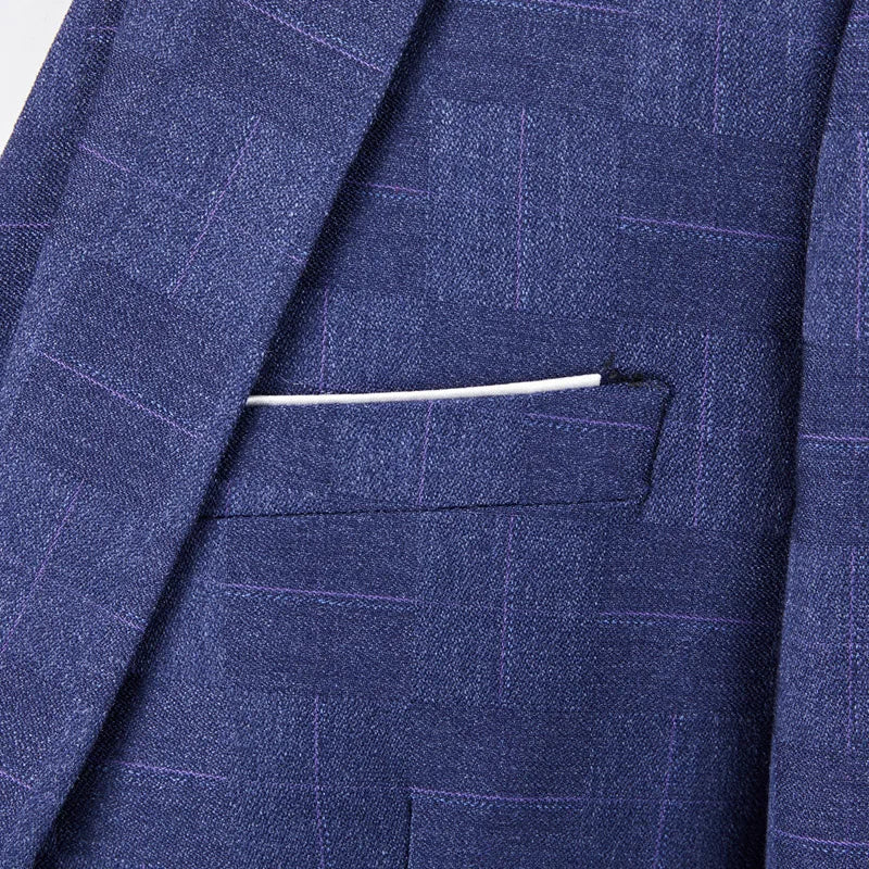 Blue Men's Plaid Blazer Jacket and Vest with Pants, Gray & Burgundy Available, Asian Size Mens Three Piece Set