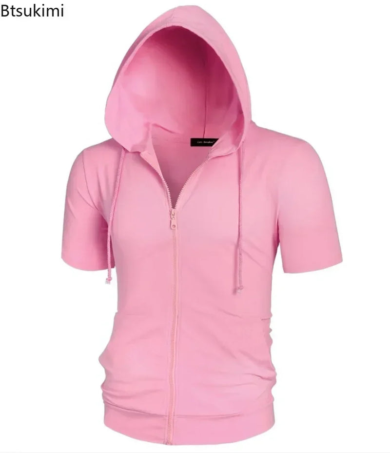 New 2025 Men's Casual Sweatshirts Short Sleeve Hoodies Jacket Solid Slim Zip Man Sport Tops Comfotable Outdoor Clothes for Men